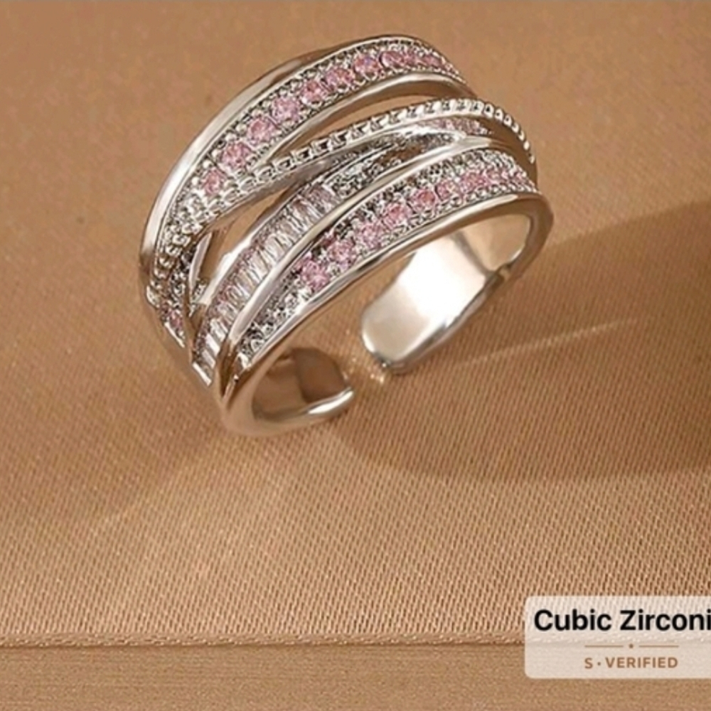 Exquiaite 925 Sterling-Silver Pink Multi-layer Cubic Zirconia Openable Ring